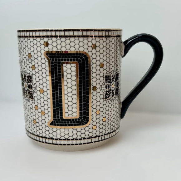 Anthropologie Margot Mosaic Monogram Mug Initial "D" Black White Gold Coffee Tea - Picture 1 of 7